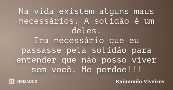 Na vida existem alguns maus necessários. A solidão é um deles. Era necessário que eu passasse pela solidão para entender que não posso viver sem você. Me perdoe... Frase de Raimundo Viveiros.