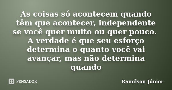 As coisas só acontecem quando têm que acontecer, independente se você quer muito ou quer pouco. A verdade é que seu esforço determina o quanto você vai avançar,... Frase de Ramilson Júnior.