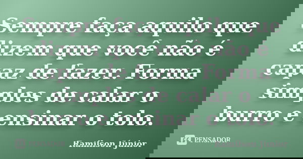 Sempre faça aquilo que dizem que você não é capaz de fazer. Forma simples de calar o burro e ensinar o tolo.... Frase de Ramilson Júnior.
