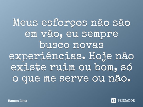 Meus esforços não são em vão, eu sempre busco novas experiências. Hoje não existe ruim ou bom, só o que me serve ou não.... Frase de Ramon Lima.