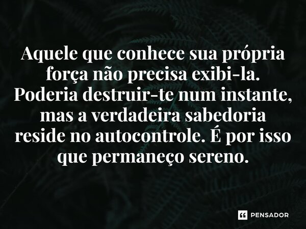 ⁠Aquele que conhece sua própria força não precisa exibi-la. Poderia destruir-te num instante, mas a verdadeira sabedoria reside no autocontrole. É por isso que ... Frase de Ramsay Gouveia, Livro: A luta pelo controle.