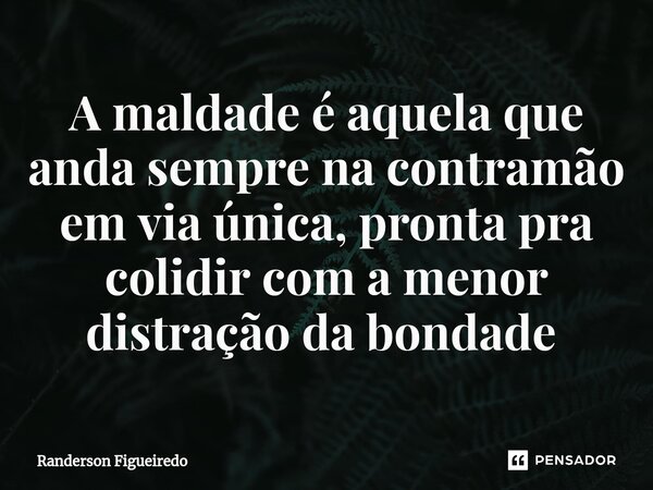 A maldade é aquela que anda sempre na contramão em via única, pronta pra colidir com a menor distração da bondade ⁠... Frase de Randerson Figueiredo.