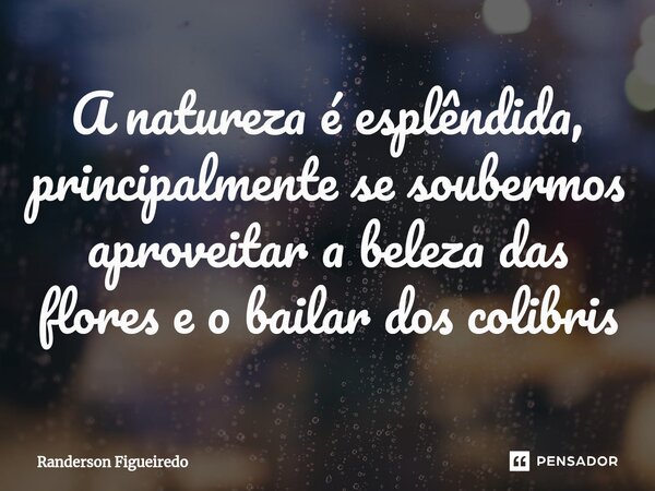 ⁠A natureza é esplêndida, principalmente se soubermos aproveitar a beleza das flores e o bailar dos colibris... Frase de Randerson Figueiredo.