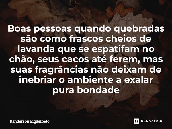 Boas pessoas quando ⁠quebradas são como frascos cheios de lavanda que se espatifam no chão, seus cacos até ferem, mas suas fragrâncias não deixam de inebriar o ... Frase de Randerson Figueiredo.