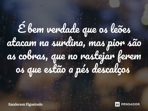 É bem verdade que os leões atacam na surdina, mas pior são as cobras, que no rastejar ferem os que estão a pés descalços ⁠... Frase de Randerson Figueiredo.