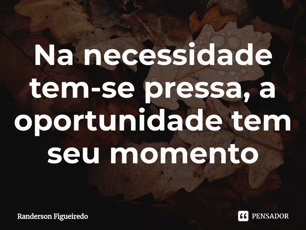 ⁠Na necessidade tem-se pressa, a oportunidade tem seu momento⁠... Frase de Randerson Figueiredo.
