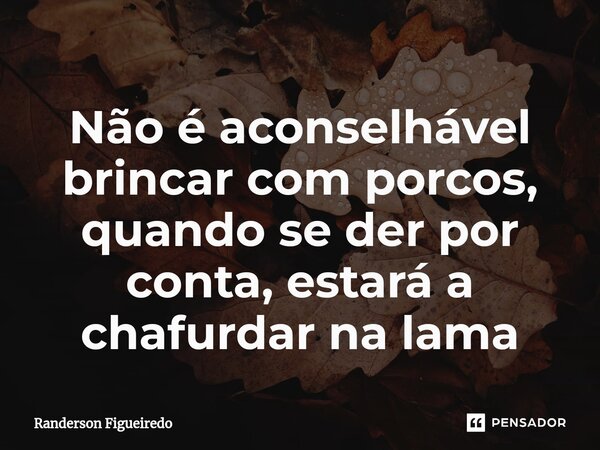 Não é aconselhável brincar com porcos, quando se der por conta, estará a chafurdar na lama⁠... Frase de Randerson Figueiredo.