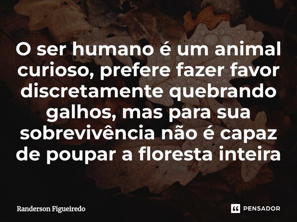 ⁠O ser humano é um animal curioso, prefere fazer favor discretamente quebrando galhos, mas para sua sobrevivência não é capaz de poupar a floresta inteira... Frase de Randerson Figueiredo.