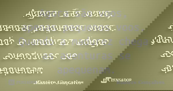 Agora são voos, apenas pequenos voos. Quando a madurez chega as aventuras se apequenam.... Frase de Raniere Gonçalves.
