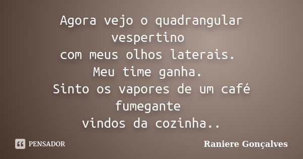 Agora vejo o quadrangular vespertino com meus olhos laterais. Meu time ganha. Sinto os vapores de um café fumegante vindos da cozinha..... Frase de Raniere Gonçalves.