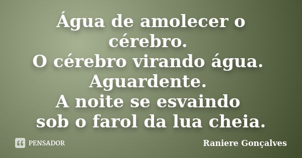 Água de amolecer o cérebro. O cérebro virando água. Aguardente. A noite se esvaindo sob o farol da lua cheia.... Frase de Raniere Gonçalves.