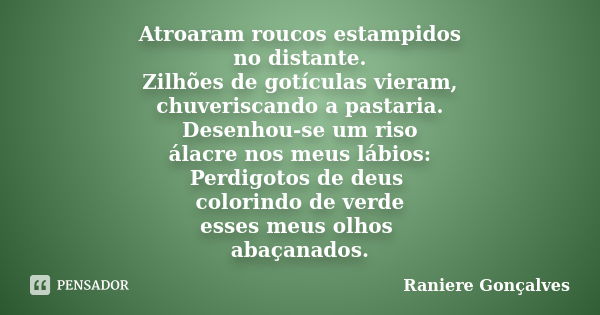 Atroaram roucos estampidos no distante. Zilhões de gotículas vieram, chuveriscando a pastaria. Desenhou-se um riso álacre nos meus lábios: Perdigotos de deus co... Frase de Raniere Gonçalves.