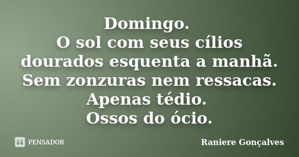 Domingo. O sol com seus cílios dourados esquenta a manhã. Sem zonzuras nem ressacas. Apenas tédio. Ossos do ócio.... Frase de Raniere Gonçalves.