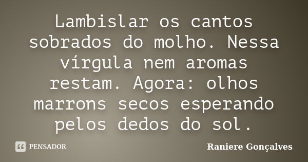 Lambislar os cantos sobrados do molho. Nessa vírgula nem aromas restam. Agora: olhos marrons secos esperando pelos dedos do sol.... Frase de Raniere Gonçalves.