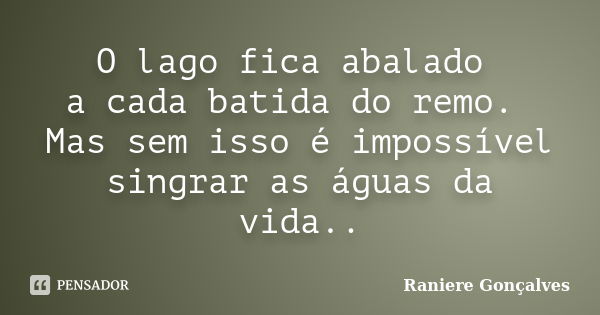 O lago fica abalado a cada batida do remo. Mas sem isso é impossível singrar as águas da vida..... Frase de Raniere Gonçalves.