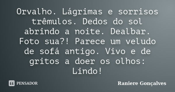 Orvalho. Lágrimas e sorrisos trêmulos. Dedos do sol abrindo a noite. Dealbar. Foto sua?! Parece um veludo de sofá antigo. Vivo e de gritos a doer os olhos: Lind... Frase de Raniere Gonçalves.