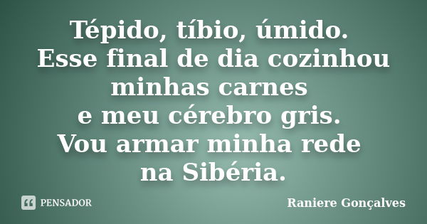 Tépido, tíbio, úmido. Esse final de dia cozinhou minhas carnes e meu cérebro gris. Vou armar minha rede na Sibéria.... Frase de Raniere Gonçalves.