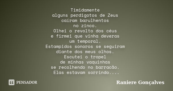 Timidamente alguns perdigotos de Zeus caíram barulhentos no zinco. Olhei o revolto dos céus e firmei que vinha deveras um temporal. Estampidos sonoros se seguir... Frase de Raniere Gonçalves.