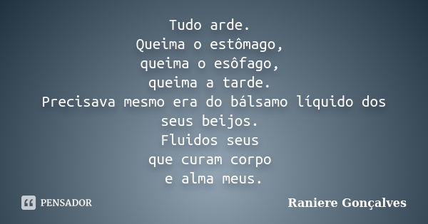 Tudo arde. Queima o estômago, queima o esôfago, queima a tarde. Precisava mesmo era do bálsamo líquido dos seus beijos. Fluidos seus que curam corpo e alma meus... Frase de Raniere Gonçalves.