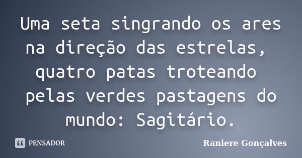 Uma seta singrando os ares na direção das estrelas, quatro patas troteando pelas verdes pastagens do mundo: Sagitário.... Frase de Raniere Gonçalves.