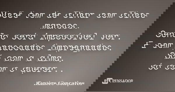 Você tem de olhar com olhos mansos. Senão será impossível ver. E sem passados impregnados. Só com a alma, só com o querer..... Frase de Raniere Gonçalves.