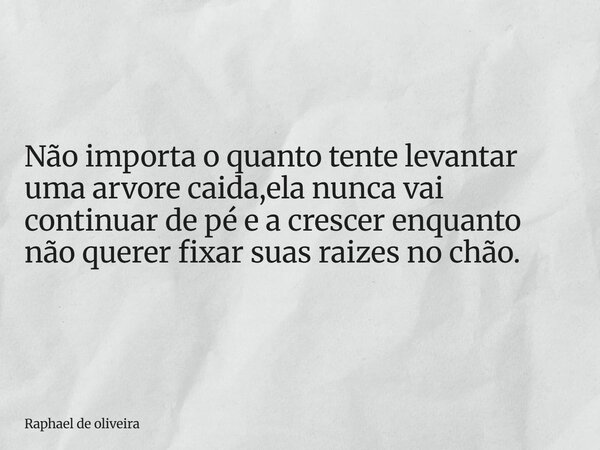Não importa o quanto tente levantar uma arvore caida,ela nunca vai continuar de pé e a crescer enquanto não querer fixar suas raizes no chão.... Frase de Raphael de oliveira.