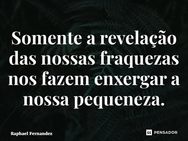 ⁠Somente a revelação das nossas fraquezas nos fazem enxergar a nossa pequeneza.... Frase de Raphael Fernandez.