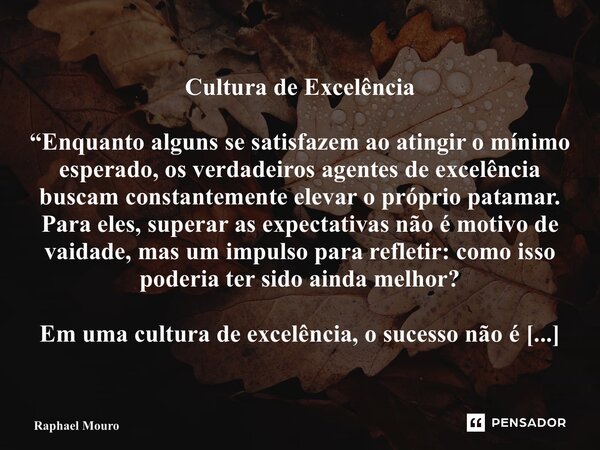 ⁠Cultura de Excelência “Enquanto alguns se satisfazem ao atingir o mínimo esperado, os verdadeiros agentes de excelência buscam constantemente elevar o próprio ... Frase de Raphael Mouro.