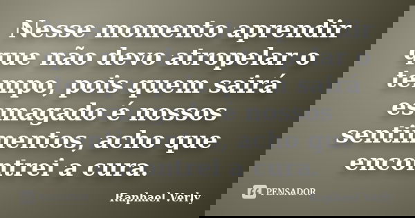 Nesse momento aprendir que não devo atropelar o tempo, pois quem sairá esmagado é nossos sentimentos, acho que encontrei a cura.... Frase de Raphael Verly.