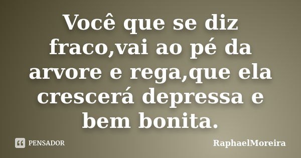 Você que se diz fraco,vai ao pé da arvore e rega,que ela crescerá depressa e bem bonita.... Frase de RaphaelMoreira.