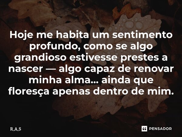 ⁠Hoje me habita um sentimento profundo, como se algo grandioso estivesse prestes a nascer — algo capaz de renovar minha alma... ainda que floresça apenas dentro... Frase de R_A_S.