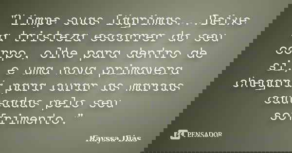 "Limpe suas lágrimas...Deixe a tristeza escorrer do seu corpo, olhe para dentro de si, e uma nova primavera chegará para curar as marcas causadas pelo seu ... Frase de Rayssa Dias.