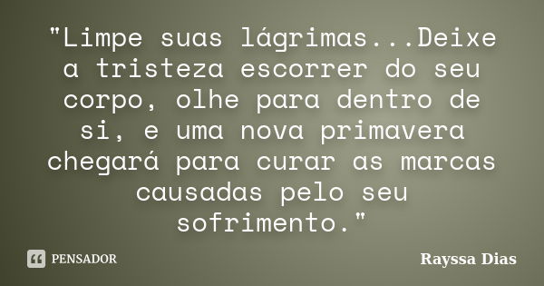 "Limpe suas lágrimas...Deixe a tristeza escorrer do seu corpo, olhe para dentro de si, e uma nova primavera chegará para curar as marcas causadas pelo seu ... Frase de Rayssa Dias.