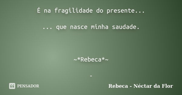 É na fragilidade do presente... ... que nasce minha saudade. ~*Rebeca*~ -... Frase de Rebeca - Néctar da Flor.