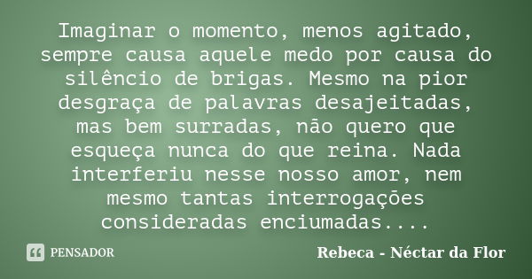 Imaginar o momento, menos agitado, sempre causa aquele medo por causa do silêncio de brigas. Mesmo na pior desgraça de palavras desajeitadas, mas bem surradas, ... Frase de Rebeca - Néctar da Flor.