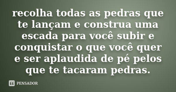 recolha todas as pedras que te lançam e construa uma escada para você subir e conquistar o que você quer e ser aplaudida de pé pelos que te tacaram pedras.