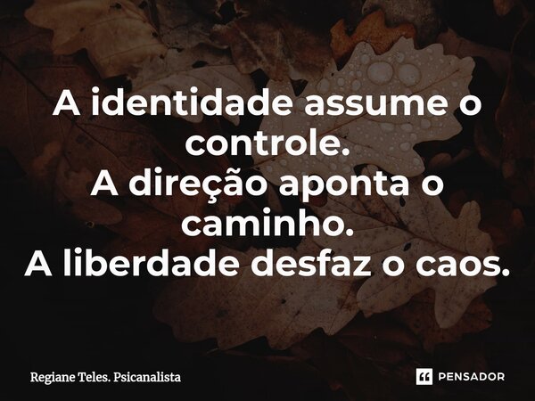 ⁠A identidade assume o controle. A direção aponta o caminho. A liberdade desfaz o caos.... Frase de Regiane Teles. Psicanalista.