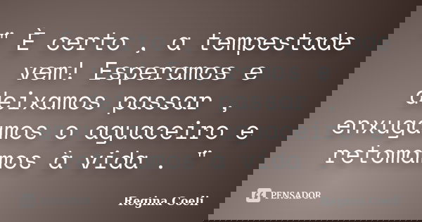 " È certo , a tempestade vem! Esperamos e deixamos passar , enxugamos o aguaceiro e retomamos à vida . "... Frase de Regina Coeli.
