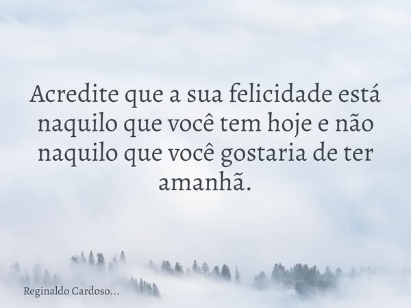 Acredite que a sua felicidade está naquilo que você tem hoje e não naquilo que você gostaria de ter amanhã.... Frase de Reginaldo Cardoso....