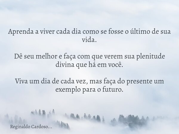 Aprenda a viver cada dia como se fosse o último de sua vida. Dê seu melhor e faça com que verem sua plenitude divina que há em você. Viva um dia de cada vez, ma... Frase de Reginaldo Cardoso....