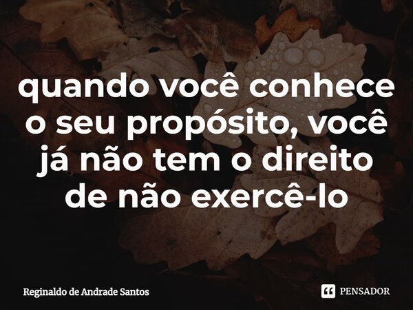 ⁠quando você conhece o seu propósito, você já não tem o direito de não exercê-lo... Frase de Reginaldo de Andrade Santos.