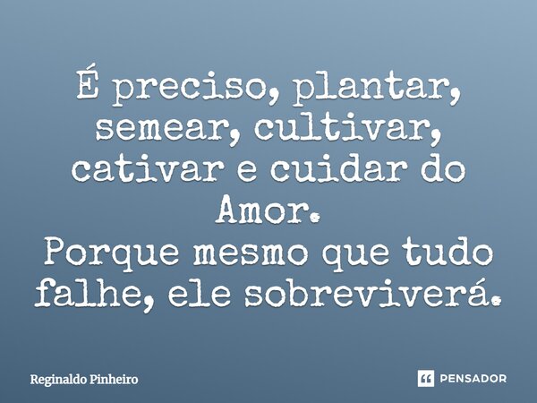 ⁠É preciso, plantar, semear, cultivar, cativar e cuidar do Amor. Porque mesmo que tudo falhe, ele sobreviverá.... Frase de Reginaldo Pinheiro.