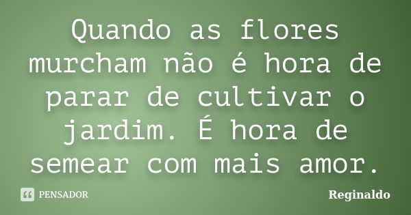 Quando as flores murcham não é hora de parar de cultivar o jardim. É hora de semear com mais amor.... Frase de Reginaldo.