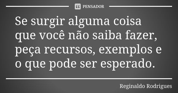 Se surgir alguma coisa que você não saiba fazer, peça recursos, exemplos e o que pode ser esperado.... Frase de Reginaldo Rodrigues.