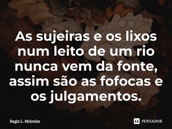 ⁠As sujeiras e os lixos num leito de um rio nunca vem da fonte, assim são as fofocas e os julgamentos.... Frase de Régis L. Meireles.