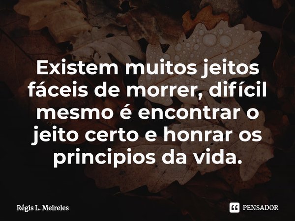 ⁠Existem muitos jeitos fáceis de morrer, difícil mesmo é encontrar o jeito certo e honrar os principios da vida.... Frase de Régis L. Meireles.