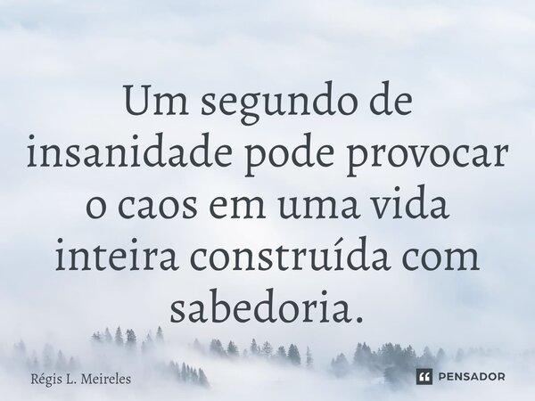 ⁠Um segundo de insanidade pode provocar o caos em uma vida inteira construída com sabedoria.... Frase de Régis L. Meireles.