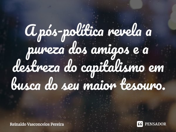⁠A pós-política revela a pureza dos amigos e a destreza do capitalismo em busca do seu maior tesouro.... Frase de Reinaldo Vasconcelos Pereira.