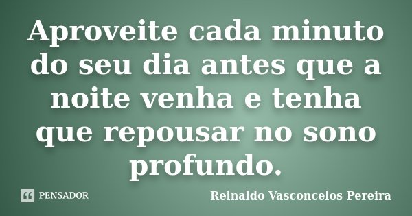 Aproveite cada minuto do seu dia antes que a noite venha e tenha que repousar no sono profundo.... Frase de Reinaldo Vasconcelos Pereira.