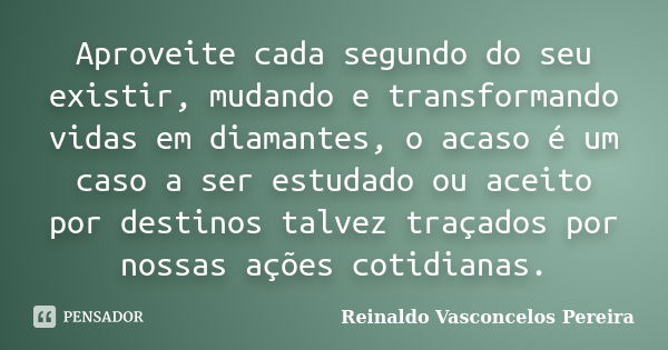 Aproveite cada segundo do seu existir, mudando e transformando vidas em diamantes, o acaso é um caso a ser estudado ou aceito por destinos talvez traçados por n... Frase de Reinaldo Vasconcelos Pereira.